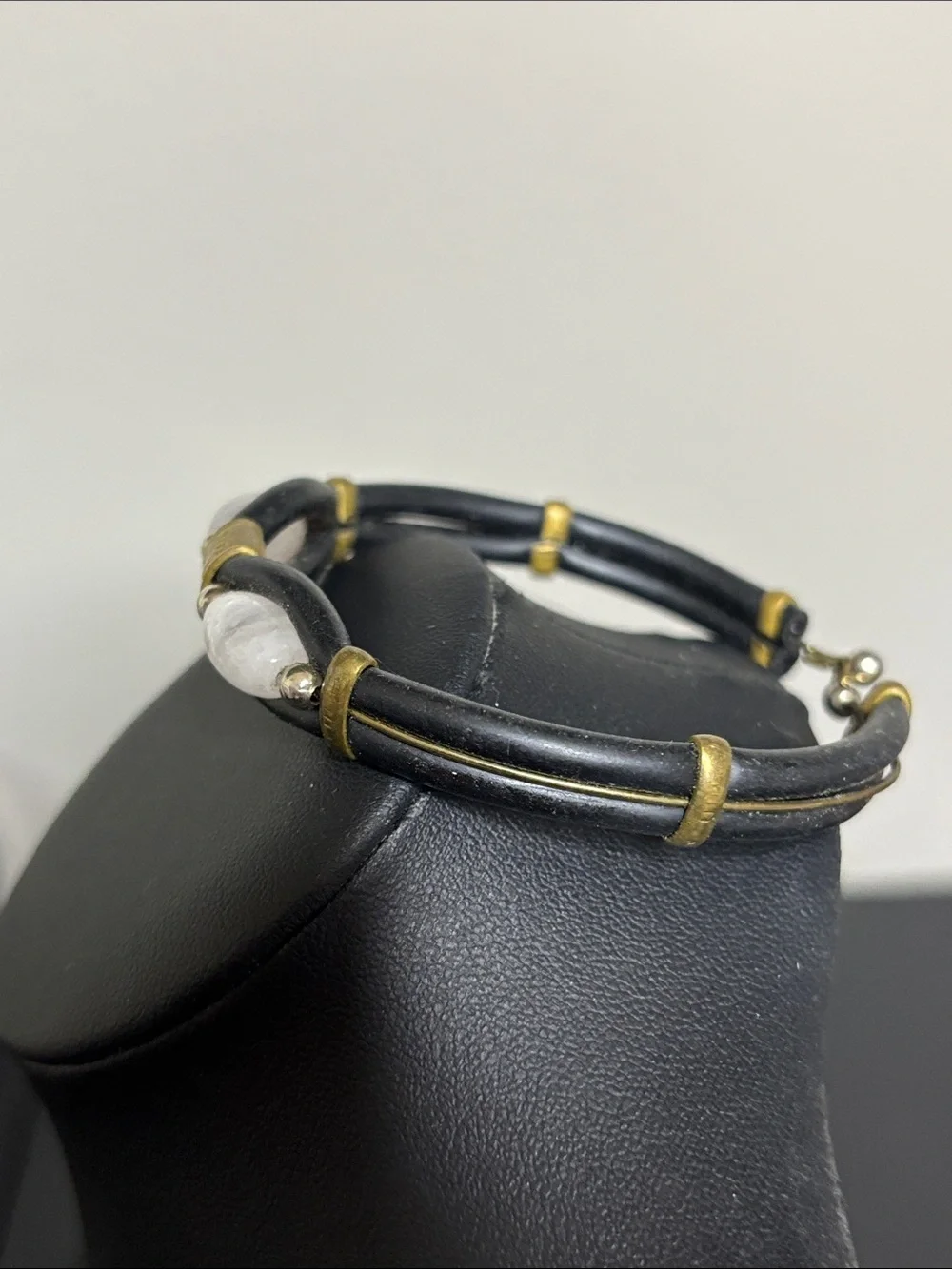 Handcrafted Black Leather Bracelet with White Stone Gem Accents